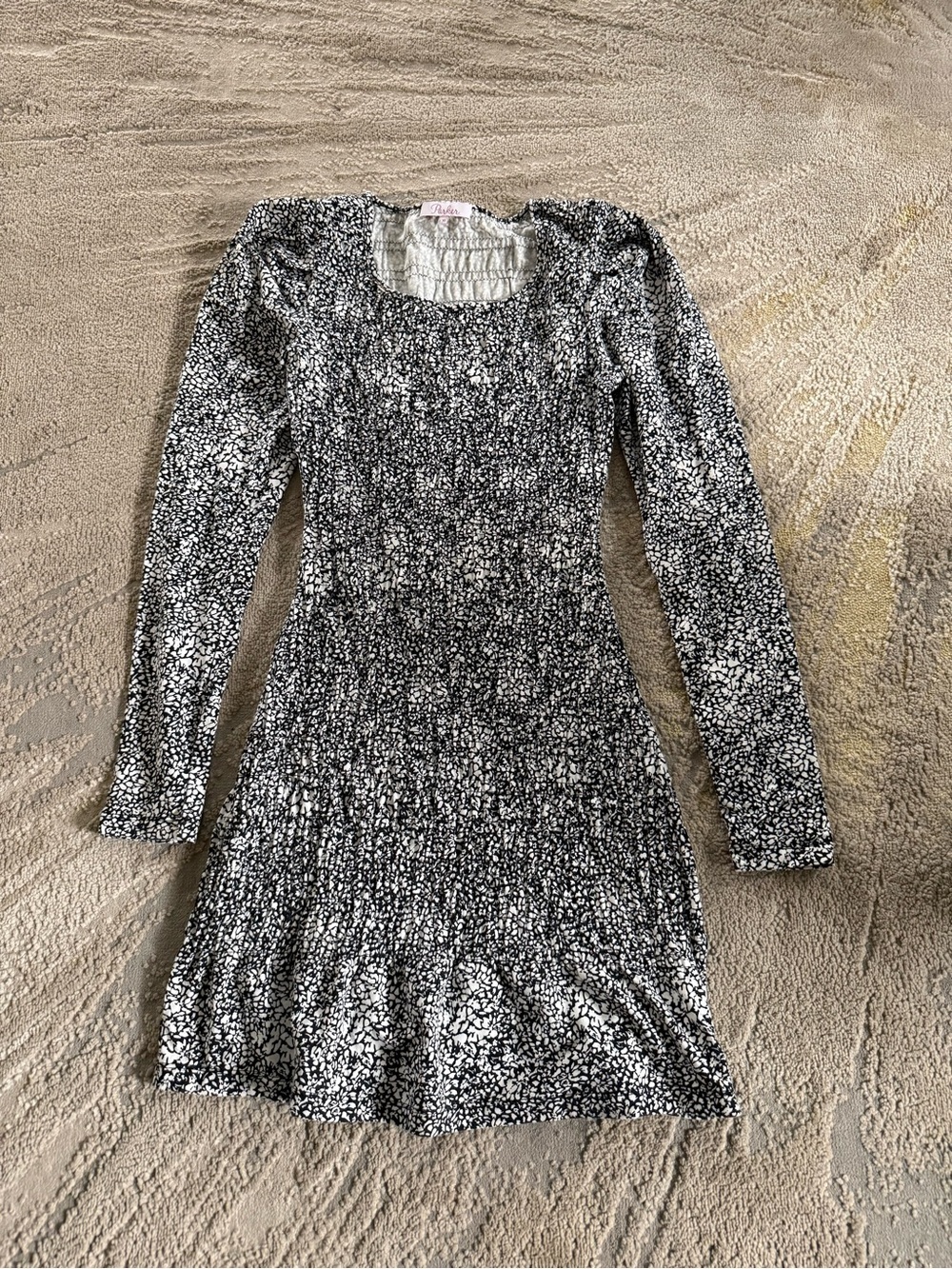 Parker long sleeve mini dress Black White Printed Puff Sleeve smocked XS